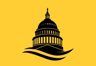 Silhouette of the US Capitol in black with yellow background.