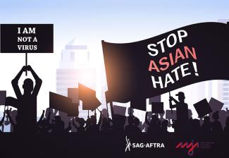 Illustration of people holding signs reading 'Stop Asian Hate' and 'I am NOT a Virus'