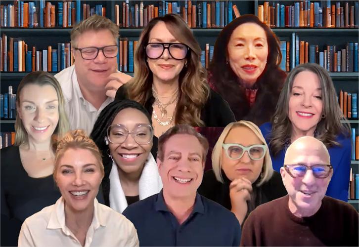 A collage of the 10 speakers against a backdrop of bookshelves.