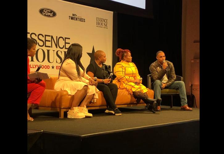 SAG-AFTRA National Diversity Advisory Committee Chair Jason George, far right, speaks to the audience about the benefits of joining a union.