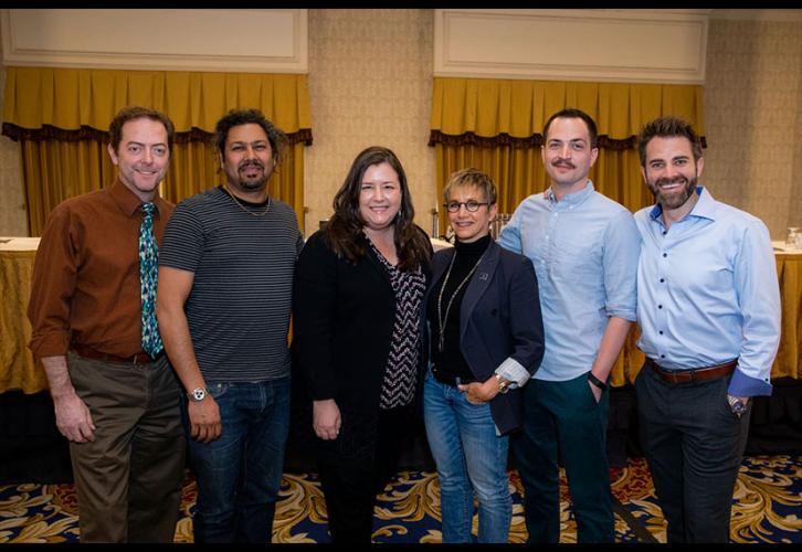 SAG-AFTRA President Carteris, third from right, with members of the New Innovation and Technology Committee: Randal Berger, Dileep Rao, Executive Vice President and committee chair Rebecca Damon, Nick Fondulis and Ben Whitehair.