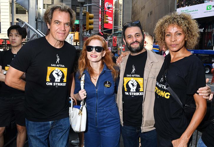 From left, SAG-AFTRA members Michael Shannon, Jessica Chastain, Arian Moayed and Michelle Hurd were attendees lending their voices and support during the rally. 