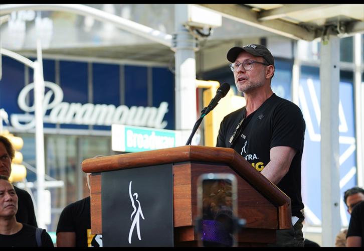 SAG-AFTRA Christian Slater addresses the crowd at ‘Rock the City for a Fair Contract’ in Times Square on July 25.