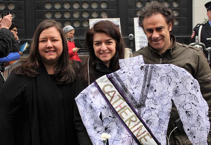 SAG-AFTRA members Catherine Taormina and Nick Addeo with New York Local President Rebecca Damon. Taormina is the great-grandniece of Triangle Shirtwaist Factory fire victim Catherine Uzzo.