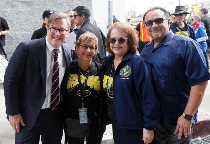 From left, Los Angeles Chief Film Liaison Kevin James, SAG-AFTRA President Gabrielle Carteris, Sen. Maria Elena Durazo and Los Angeles County Federation of Labor President Ron Herrera. Photo by Maury Phillips/SAG-AFTRA 