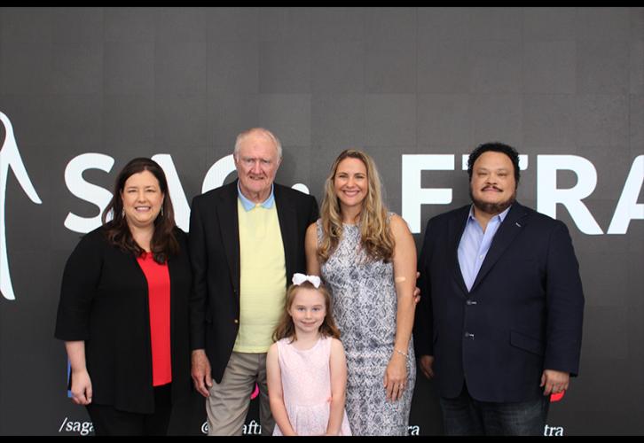 From left, SAG-AFTRA Executive Vice President and New York Local President Rebecca Damon, honorary SAG-AFTRA member Thomas Hanley, Hanley’s granddaughter Reagan Elizabeth Brater, his daughter Mara Hanley Brater, and National and New York Local Board membe