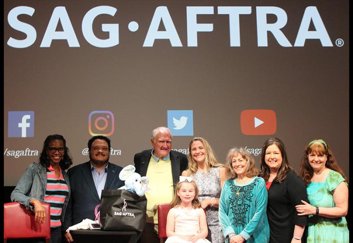 From left, SAG-AFTRA New York Local Board member Avis Boone, SAG-AFTRA National and New York Local Board member Adrian Martinez, honorary SAG-AFTRA member Thomas Hanley, Hanley’s granddaughter Reagan Elizabeth Brater, Hanley’s daughter Mara Hanley Brater,