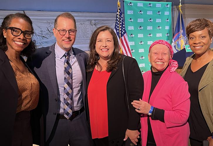 From left, New York Local Board member Avis Boone, Manhattan Borough President Mark Levine; Executive Director, New York Local, Labor Policy & International Affairs Rebecca Damon; and New York Local Board members leslie Shreve and Verania Kenton.