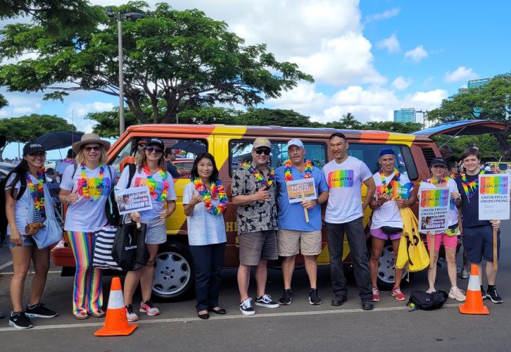 From left, Hawaii Local member Chantel Osurman, Hawaii Local Board member Heather Pence, Hawaii Local President Andrea Sikkink, Lieutenant Governor-elect Sylvia Luke, SAG-AFTRA member Tim Kang, Governor-elect Josh Green, Eric Leung, and Hawaii Local membe