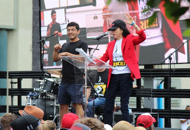 L.A. Local President Jodi Long gives final remarks to close out the program at the L.A. solidarity march and rally at Paramount Studios in Hollywood on Sept. 13, 2023.