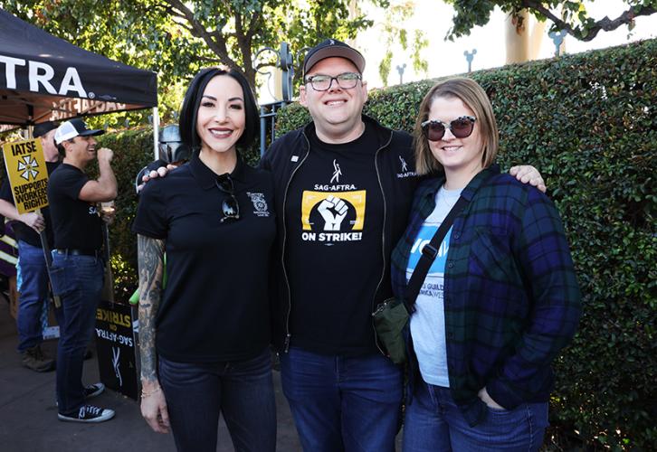 From left, International Brotherhood of Teamsters Local 399 Secretary-Treasurer and Director of the Teamsters Motion Picture Division Lindsay Dougherty, SAG-AFTRA National Executive Director and Chief Negotiator Duncan Crabtree-Ireland, and Writers Guild 
