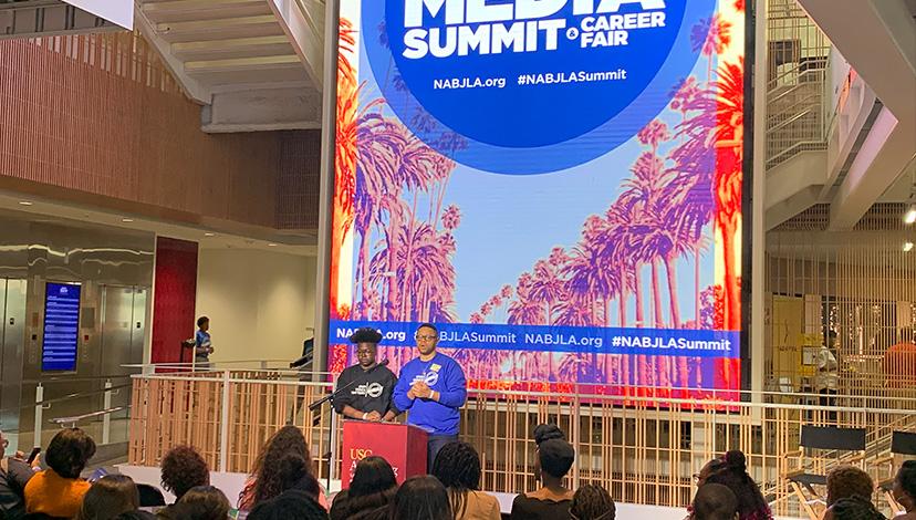 Tre’vell Anderson, President, and Jarrett Hill, Vice President of the National Association of Black Journalist Los Angeles local give opening remarks at the NABJLA Media Summit & Career Fair. 