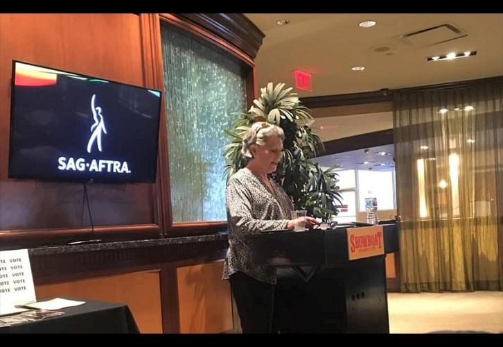 Philadelphia Local Secretary and South Jersey Filmmakers and Producers Community founder Pat Chambers Kazanjian gives opening remarks at a Feb. 12 networking event. 