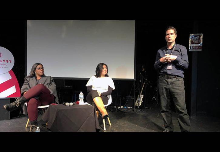 SAGindie Executive Director Darrien Michele Gipson, left, and SAG-AFTRA Senior Business Representative Silvia Gerber, center, participate in a workshop with Catalyst Executive Director Philip Gilpin, Jr. to discuss the ways filmmakers can work with SAG-AF
