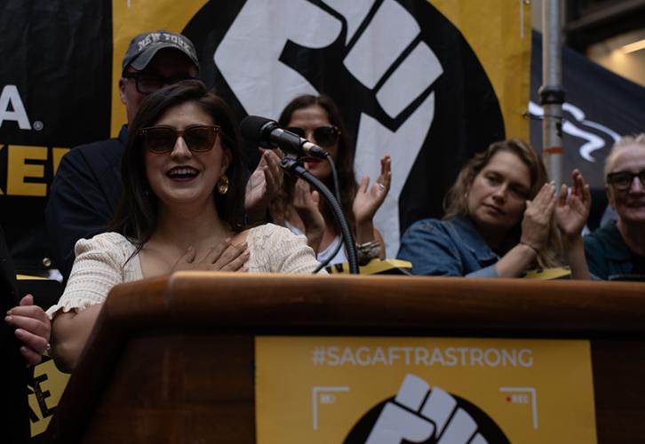 New York state Sen. Jessica Ramos addresses the picketers.  
