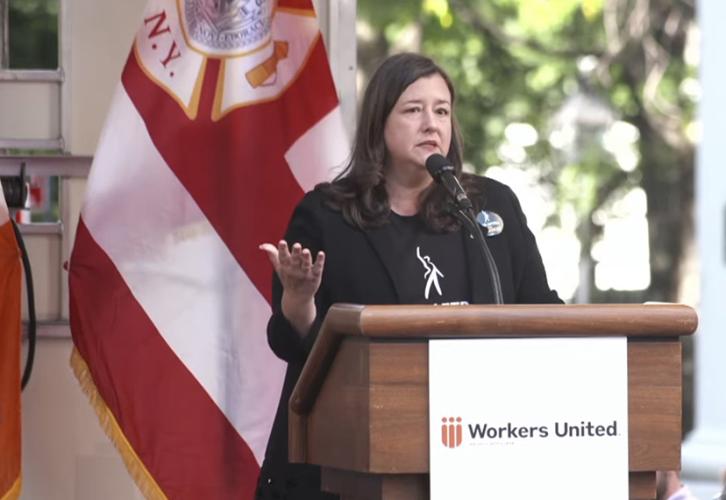 SAG-AFTRA Executive Director, New York Local, Labor Policy and International Affairs Rebecca Damon addresses the attendees.
