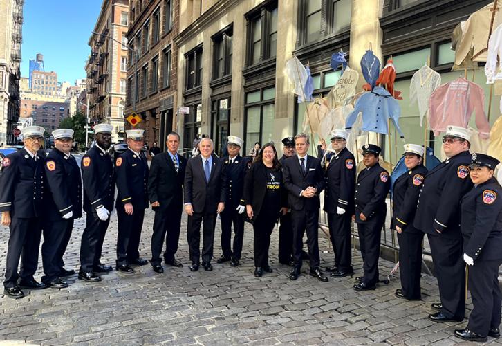 N.Y. Comptroller Thomas DiNapoli; SAG-AFTRA Executive Director, New York Local, Labor Policy and International Affairs Rebecca Damon; and Brad Hoylman Sigal are pictured with members of the FDNY.