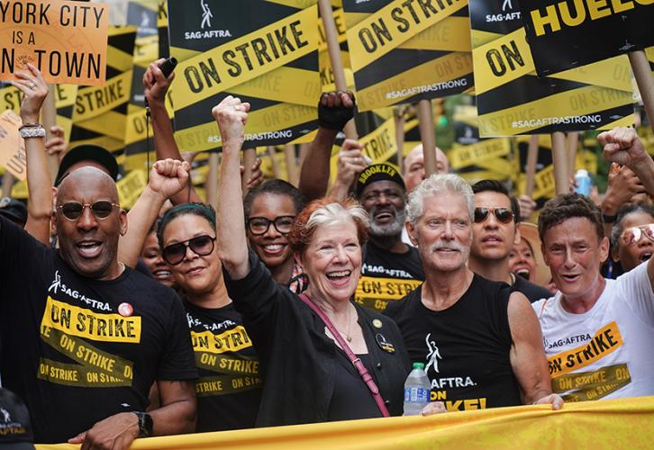 New York Local President Ezra Knight, New  York Local Vice President Linda Powell, New York Local Board member Avis Boone, New York State Commissioner of Labor Roberta Reardon, Stephen Lang, and SAG-AFTRA members at the 2023 NYC-CLC Labor Day Parade and M