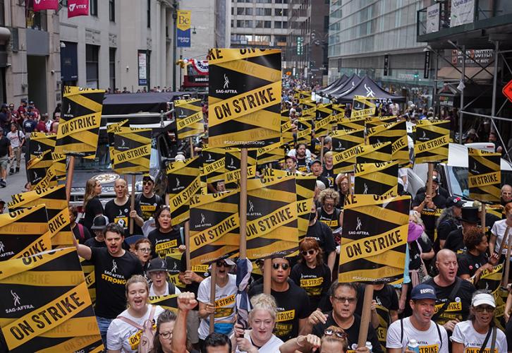 SAG-AFTRA members assemble on East 44th Street. Derek French| Shutterstock for SAG-AFTRA.