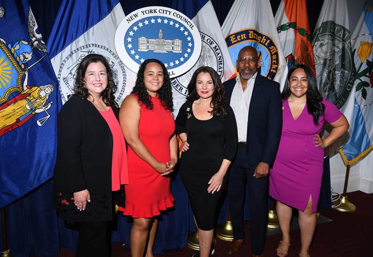 Executive Director, New York Local Labor Policy and International Affairs Rebecca Damon; NYC Councilmember Carmen De La Rosa; SAG-AFTRA President Fran Drescher; New York Local President Ezra Knight; and NYC Councilmember Amanda Farias