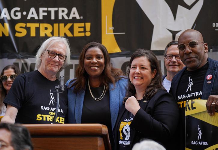 From left, SAG-AFTRA 3rd Vice President Jim Kerr; New York state Attorney General Letitia James; SAG-AFTRA New York Local Executive Director, Labor Policy and International Affairs Rebecca Damon; Writers Guild of America East Executive Director Lowell Pet