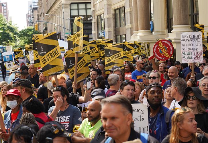 Members and supporters in front of Warner Bros. Discovery New York City headquarters. Photo by Derek French | Shutterstock for SAG-AFTRA.