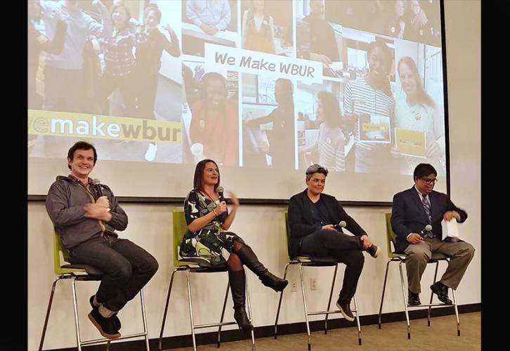 From left, WBUR’s education reporter Max Larkin and senior news writer Sara-Rose Brenner and SAG-AFTRA Director of Organizing Maggie Russell-Brown sit with New England Vice President, Broadcast Vic Ramos during a panel discussion. 