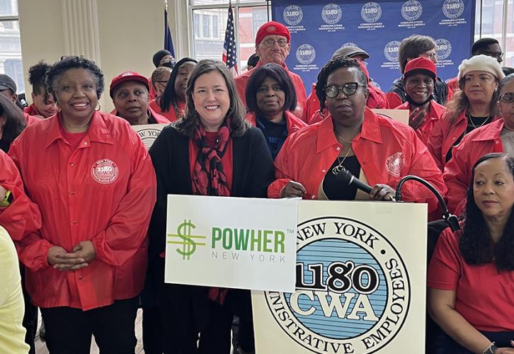 SAG-AFTRA Executive Director, New York Local, Labor Policy and International Affairs Rebecca Damon and Gloria Middleton, president of Communications Workers of America Local 1180 with CWA leadership.