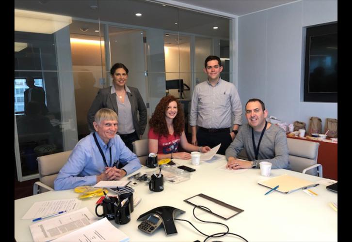 From left, Bob Marbourg, Lauren Larson, Keara Dowd, Jory Heckman and George Wallace, SAG-AFTRA members from WTOP-FM and Federal News Network station, take a quick break from reviewing the terms of their collective bargaining agreement. 
