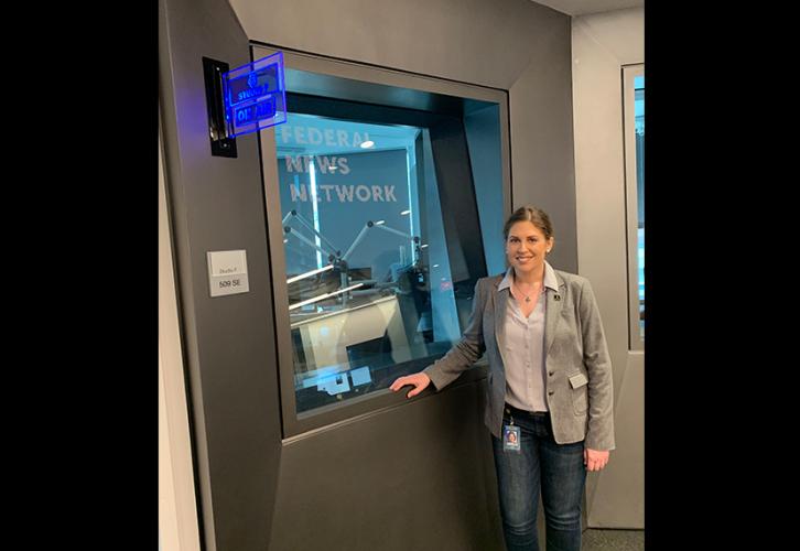 Federal News Network Broadcast Operations Manager and SAG-AFTRA shop steward, Lauren Larson outside of the studio in the newly constructed office space.