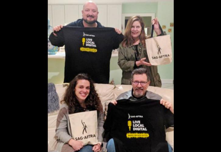 Four WMA Local SAG-AFTRA shop stewards hold up union swag: "Live Local Digital" shirts and SAG-AFTRA canvas bags..
