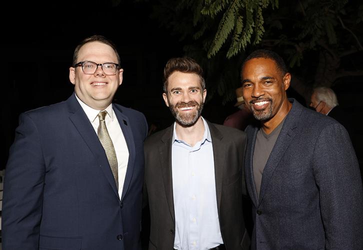 From left, SAG-AFTRA National Executive Director Duncan Crabtree-Ireland, SAG-AFTRA Executive Vice President Ben Whitehair and Los Angeles Local Board member Jason George.