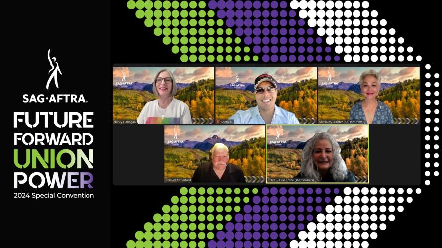 A screengrab of five smiling individuals against a backdrop with a green, purple and white chevron. The SAG-AFTRA logo and text on the left reads “Future Forward Union Power 2024 Special Convention.” “Union Power” has a green, white and purple color gradient.
