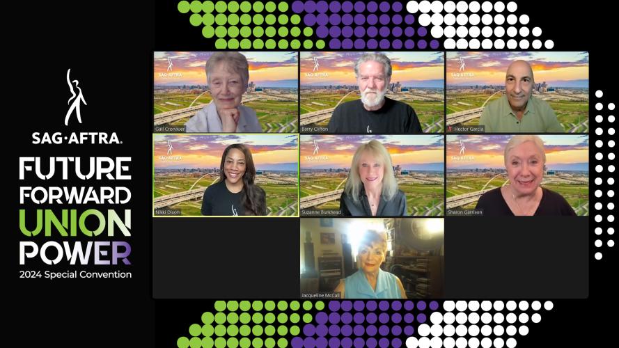 A screengrab of seven smiling individuals against a backdrop with a green, purple and white chevron. The SAG-AFTRA logo and text on the left reads “Future Forward Union Power 2024 Special Convention.” “Union Power” has a green, white and purple color gradient.