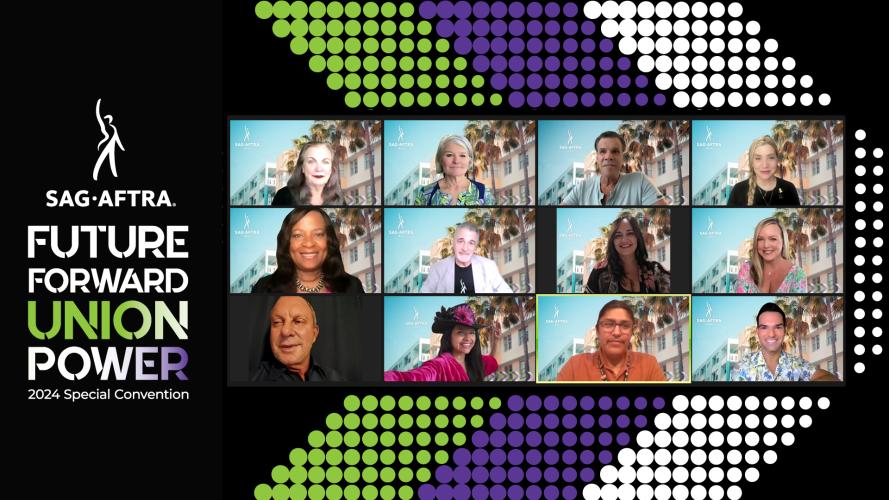 Una captura de pantalla de 12 personas sonrientes sobre un fondo con un galón verde, morado y blanco. El logotipo y el texto de SAG-AFTRA a la izquierda dicen "Convención especial Future Forward Union Power 2024". “Union Power” tiene un degradado de color verde, blanco y morado.