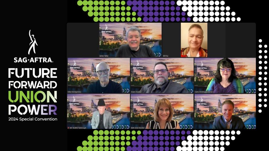 A screengrab of eight smiling individuals against a backdrop with a green, purple and white chevron. The SAG-AFTRA logo and text on the left reads “Future Forward Union Power 2024 Special Convention.” “Union Power” has a green, white and purple color gradient.