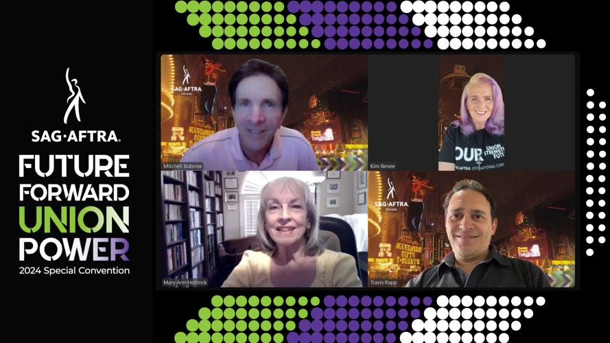 A screengrab of four smiling individuals against a backdrop with a green, purple and white chevron. The SAG-AFTRA logo and text on the left reads “Future Forward Union Power 2024 Special Convention.” “Union Power” has a green, white and purple color gradient.