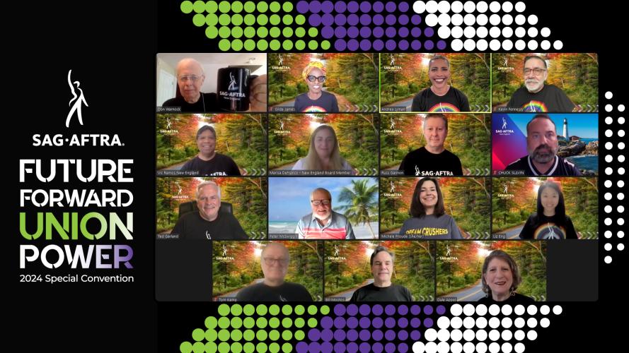 Una captura de pantalla de 15 personas sonrientes sobre un fondo con un galón verde, morado y blanco. El logotipo y el texto de SAG-AFTRA a la izquierda dicen "Convención especial Future Forward Union Power 2024". “Union Power” tiene un degradado de color verde, blanco y morado.