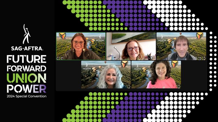 A screengrab of five smiling individuals against a backdrop with a green, purple and white chevron. The SAG-AFTRA logo and text on the left reads “Future Forward Union Power 2024 Special Convention.” “Union Power” has a green, white and purple color gradient.
