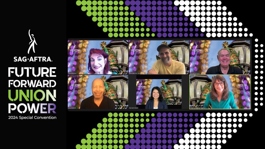 Una captura de pantalla de seis personas sonrientes sobre un fondo con un galón verde, morado y blanco. El logotipo y el texto de SAG-AFTRA a la izquierda dicen "Convención especial Future Forward Union Power 2024". “Union Power” tiene un degradado de color verde, blanco y morado.