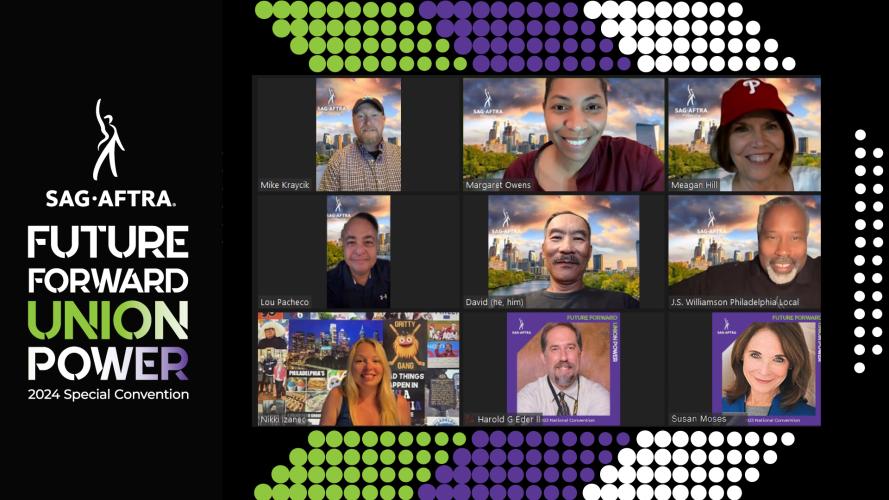 A screengrab of nine individuals against a backdrop with a green, purple and white chevron. The SAG-AFTRA logo and text on the left reads “Future Forward Union Power 2024 Special Convention.” “Union Power” has a green, white and purple color gradient.