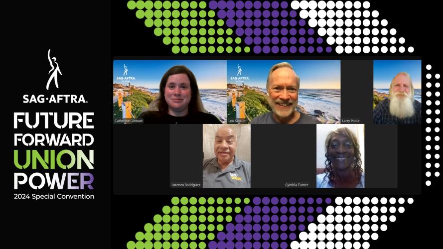 A screengrab of five smiling individuals against a backdrop with a green, purple and white chevron. The SAG-AFTRA logo and text on the left reads “Future Forward Union Power 2024 Special Convention.” “Union Power” has a green, white and purple color gradient.