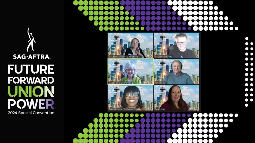 Una captura de pantalla de seis personas sonrientes sobre un fondo con un galón verde, morado y blanco. El logotipo y el texto de SAG-AFTRA a la izquierda dicen "Convención especial Future Forward Union Power 2024". “Union Power” tiene un degradado de color verde, blanco y morado.