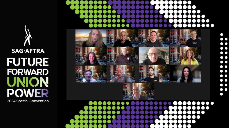 Una captura de pantalla de 13 personas sonrientes sobre un fondo con un galón verde, morado y blanco. El logotipo y el texto de SAG-AFTRA a la izquierda dicen "Convención especial Future Forward Union Power 2024". “Union Power” tiene un degradado de color verde, blanco y morado.
