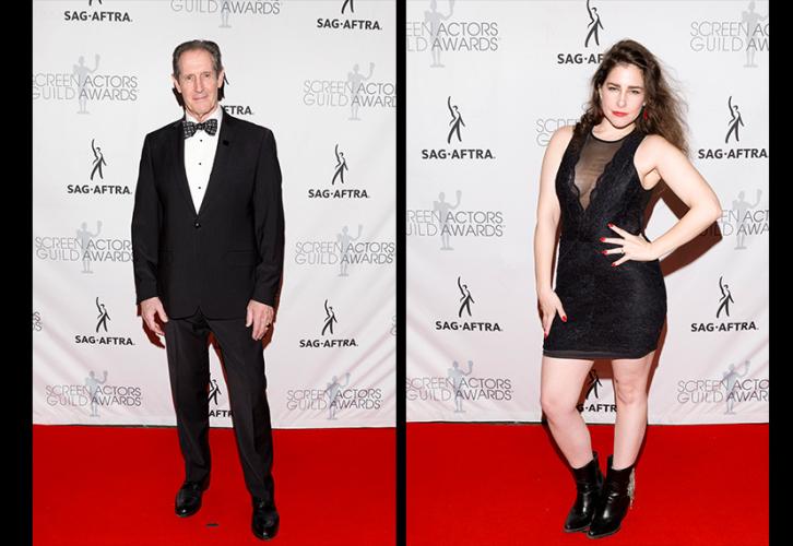 A 2-in-1 photo of Mulcahy and Seeds on the red carpet. Mulcahy is dressed in a black tuxedo with a patterned bowtie. Behind them is a white step-and-repeat backdrop with the SAG-AFTRA and SAG Awards logos. Seeds is on the red carpet. They wear a black dress with a mesh cutout and black boots. They pose with their left hand on their hip. Behind them is a white step-and-repeat backdrop with the SAG-AFTRA and SAG Awards logos. 