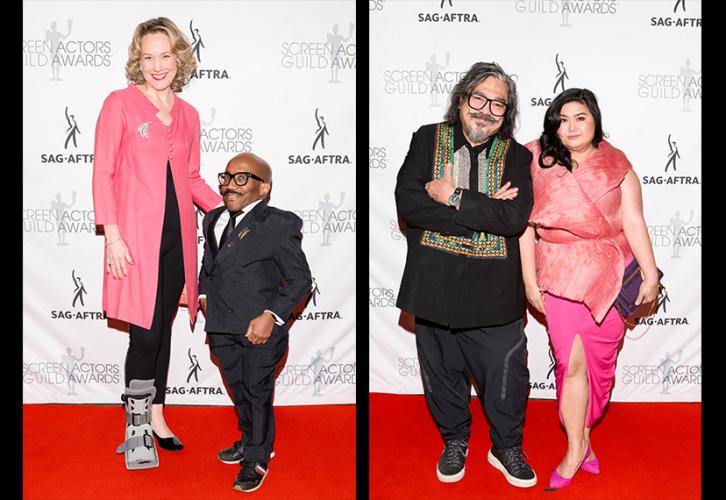 A 2-in-1 photo of two people on the carpet. The masculine-presenting individuals wear black; the feminine-presenting individuals prominently wear pink. Behind both  is a white step-and-repeat backdrop with the SAG-AFTRA and SAG Awards logos.