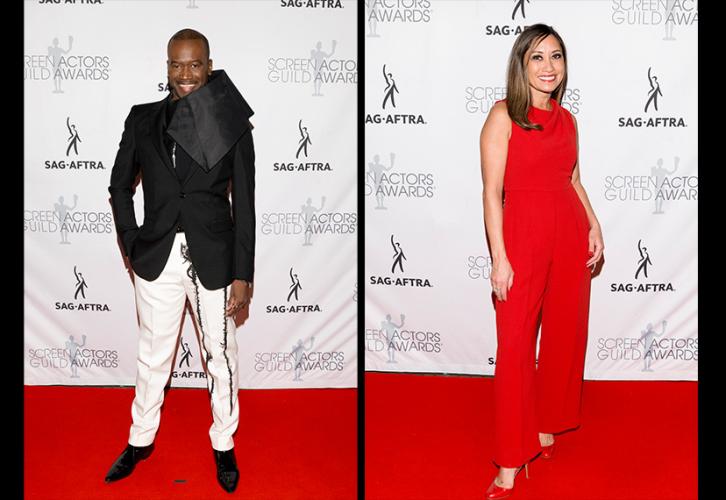 A 2-in-1 photo of two individuals on the red carpet. Left, tall individual is on the red carpet. They wear a black blazer with a distinct design at the collar, and white slacks with a black pattern; right, an individual is dressed in a red romper and matching heels. Behind both is a white step-and-repeat backdrop with the SAG-AFTRA and SAG Awards logos.