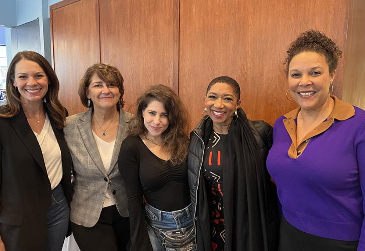 From left, SAG-AFTRA New York Local Board members Erin Fritch, New York Broadcast Steering Committee Chair Cheri Preston, Sarah Seeds, Deja Vu, and Executive Vice President and New York Local Vice President Linda Powell.