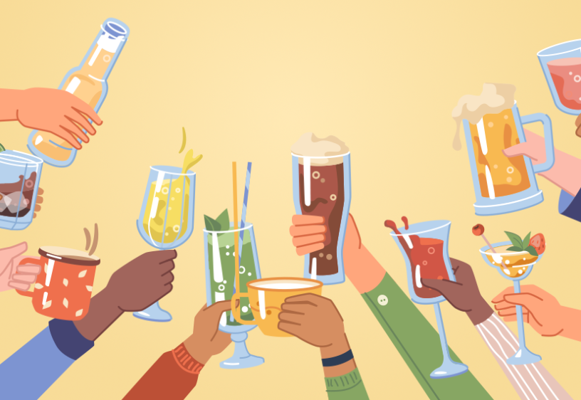 hands of various skin tones hold up a variety of beverages