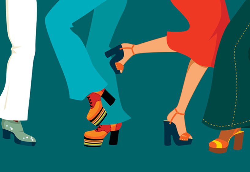 Illustration showing the legs of several people dancing in colorful shoes.